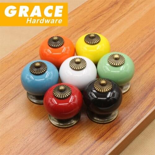 Ceramic Handle Antique Copper Drawer Cabinet Door Pumpkin Hardware Handle(D:34mm)