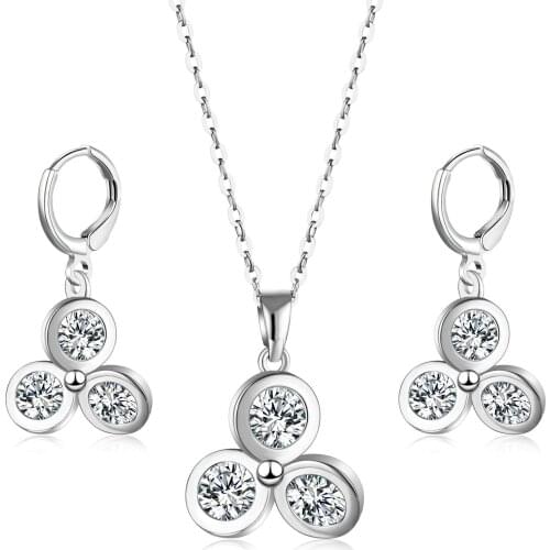 Korean Fresh Design Three Wheel Round Pendant Necklace Hoop Earrings Sets For Girl Women Wedding Bridal Silver Jewelry Sets