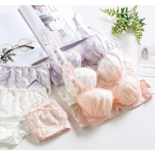 Candy Sugar Embroidery Lace White Japanese Bra & Panties Set Underwire Push Up Soft Underwear Intimates Set Kawaii Lolita