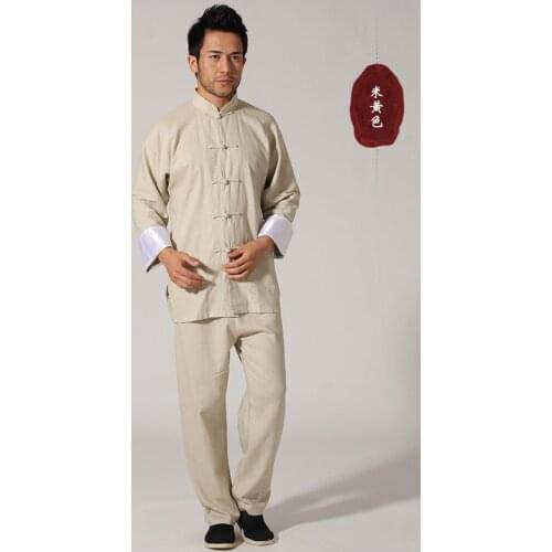 Chinese Traditional Mens Cotton Linen Kung Fu Suit Vintage Long Sleeve Tai Chi Wushu Uniform Clothing M L XL XXL 3XL L070604