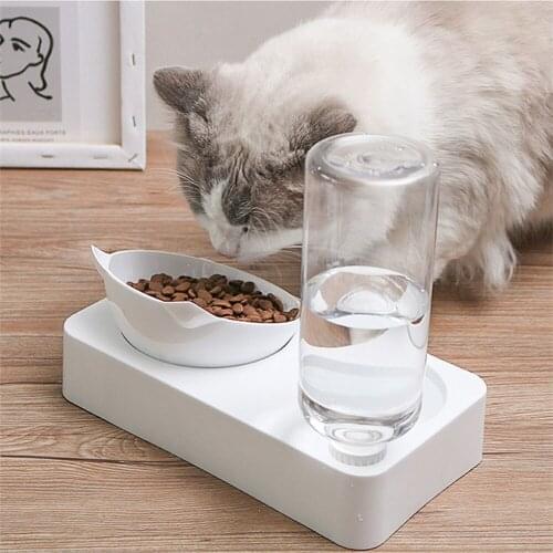 Dog Cat Food Bowl with Automatic Water Dispenser Elevated Tilted Double Bowl Drinking Raised Stand Cat Feeder Bowl Pet Supplies