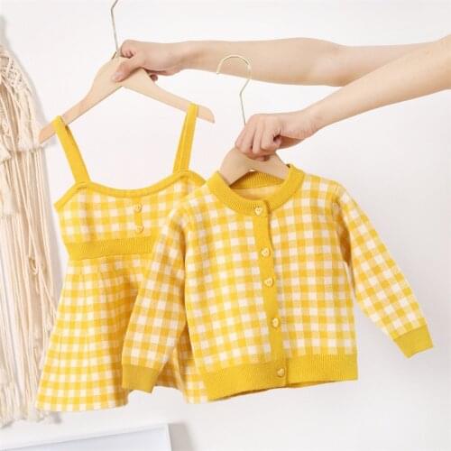 Baby girl clothes spring and autumn warm knitting suit plaid sweater dress girl suspender dress + sweater cardigan 2-piece set