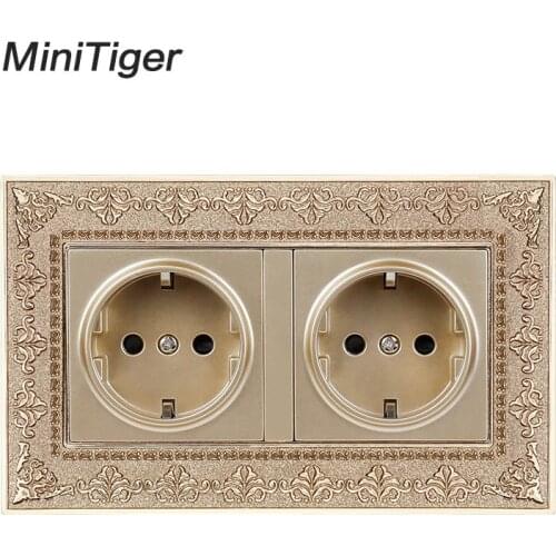 Minitiger 16A Double EU Standard Power Socket 4D Embossing Retro Zinc Alloy Panel 16A Electrical Outlet 146*86 Type