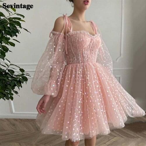 Sevintage Rose Pink Mini Homecoming Dresses Ruffles Long Puffy Sleeves Hearty Prom Dress Boning Straps Wedding Party Gowns 2021