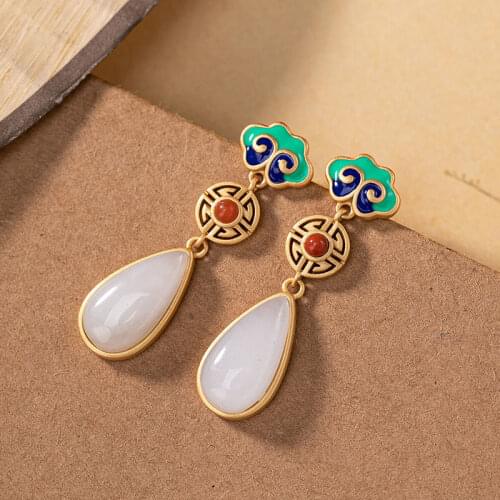 Silver inlaid natural Hotan white pulp Drop Earrings Chinese style retro new Enamel Cloisonne womens brand jewelry