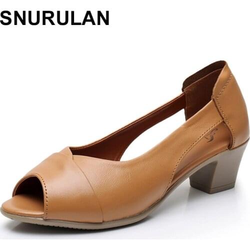 SNURULANSummer Classic Elegant Genuine Leather Women Sandals Mid Heel Sexy Peep Toe Square Heel Ladies Casual Sandals Lady