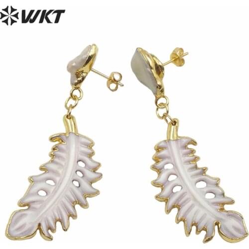 MPE037 Special Boho Style Shell Earrings Gold Plated Natural Shell Feather Dangle Earrings With Pearl Stud Abalone Shell Earring