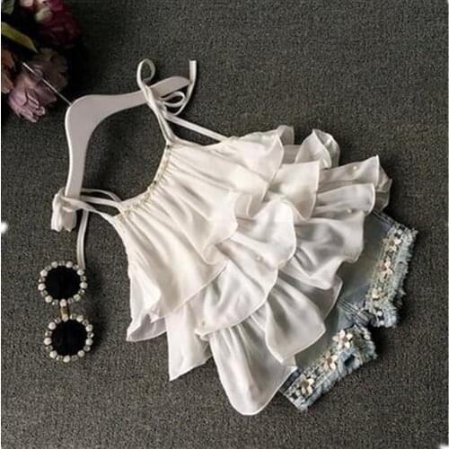 2-7Y Little Girls Top and Shorts Clothes Set Fashion Pearl Camisole and Flower Patchwork Denim Short Pants 2pcs Outfits