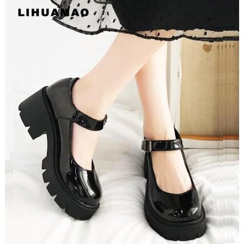LIHUAMAO women high heel Mary Jane shoes platform round toe ankle strap pumps chunky heel uniform cosplaty lolita girl shoes