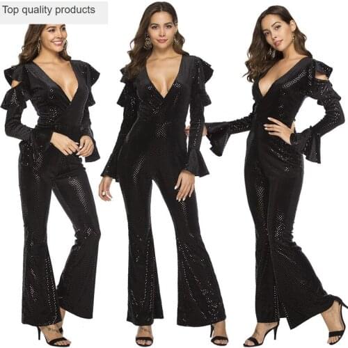 Jumpsuit Women 2020 Spring Black Sequin Sex Deep V-Neck Jumpsuits Sexy Rompers Glitter Club Party Jumpsuits Overalls LX430