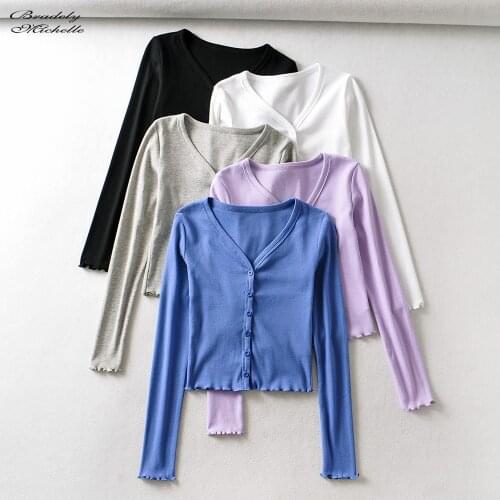 Womens Summer Thin Casual Solid Knit Long-Sleeve V-neck Ruffles Cropped Cardigan Dropshipping