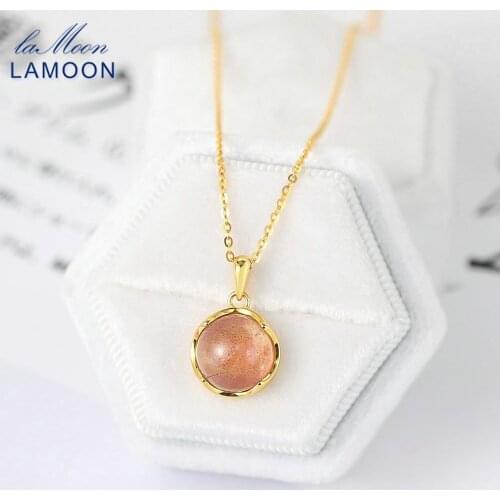 LAMOON S925 Silver Necklace Natural Sunstone Pendant For Women 14K Gold Plated Fine Jewelry Handmade Reiki Bijouterie NI145