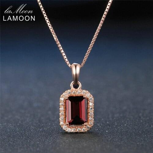 LAMOON 925 Sterling-silver-jewelry 1.1ct Natural Rectangular Red Garnet Pendant Necklace Women Rose Gold Plated Colar NI053