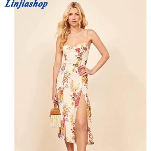 Vintage Adjust Spaghetti Strap Split Dresses Elegant Stripe Floral Print Lining Zipper Vestidos Retro Sleeveless Women Dress