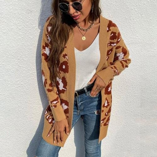 ZJZLL Hot Sale Autumn and Winter 2021 New Knitted Sweater Womens European and American Casual Long Leopard Print Cardigan Coat