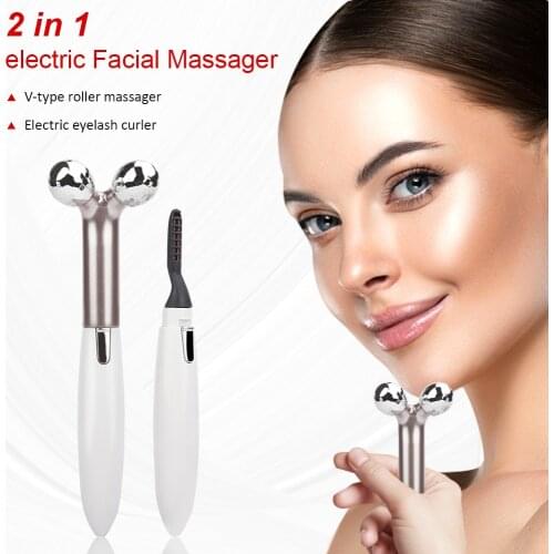 2 In 1 Electric Facial Massage Roller Face-lift Tightening Roller Anti Wrinkle V Face Massager Ball with Heated Eyelash Curler