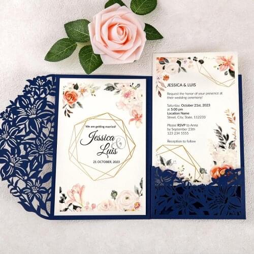 50pcs Navy Blue Wedding Invitations Flower Hollow Laser Cut Invitation Pocket with Envelope