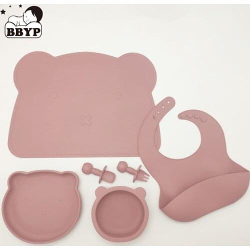 6Pcs Cartoon Kids Tableware Newborn Feeding Soild Food Sucker Dishes Plates Bowl Sets Waterproof Baby Bibs Placemat Fork Spoon