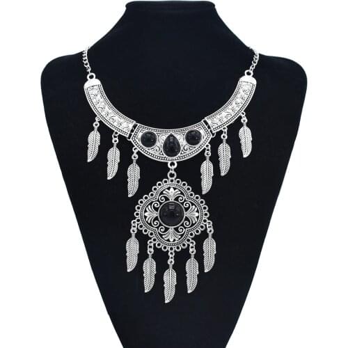 Turkish Vintage Alloy Black Stone Choker Necklaces for Women Boho Leaf Penfant Necklace Tribal Indian Jewelry Gift joyeria