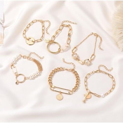 New Stylish Safety Pin Bracelet Gold Chunky Curb Hand Chain Simulated Pearl Beads Link Bracelet For Women Men Simple Jewelry