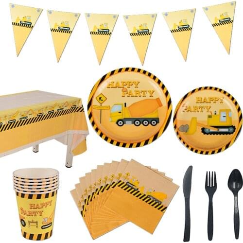 Excavator Theme Decoration Engineering Vehicle Baby Shower Kids Boys Birthday Party Disposable Plate Cup Napkin Tablecloth xx260