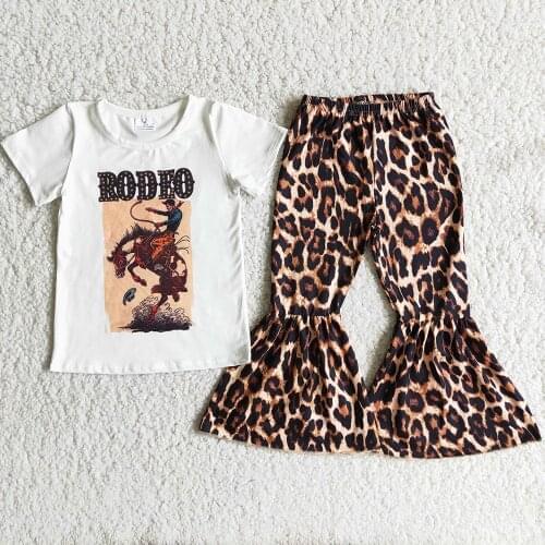 RTS Baby girls short sleeve tee shirt top leopard bell bottom pants kids children early fall boutique outfits western clothing