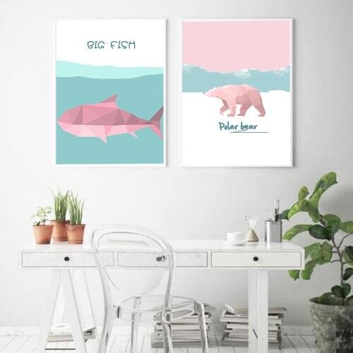 Nordic Style Geometric Polar Bear Whale Canvas Painting Home Decor Cute Cartoon Wall Art Pictures For Kids Room Living Room