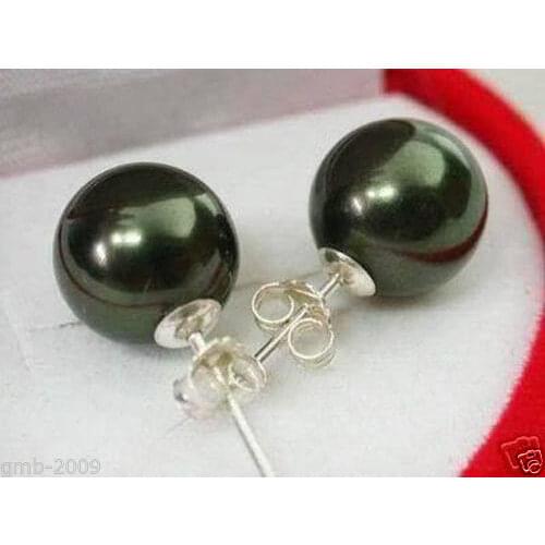 HOT SELL - Hot sale new Style >>>>10mm Natural Black South Sea Shell Pearl Sterling Silver Stud Earrings -Top quality free s