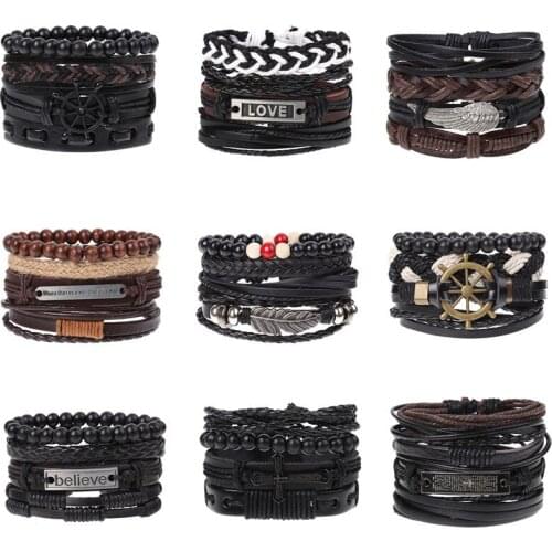 Fashion Multilayer Leather Bracelets Set for Men Women Vintage Feather Rope Weave Handmade Beads Braided Bracelet Jewelry