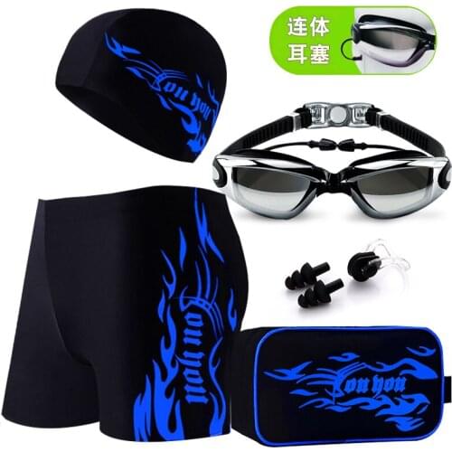 Mens Swimsuit Swim Boxer Shorts And Swim Cap Swim Goggle Earplugs Nasal Clip Set