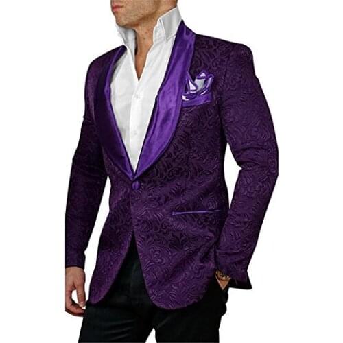 Men Suits Purple Pattern and Black Groom Tuxedos Shawl Lapel Groomsmen Wedding Best Man 2 Pieces ( Jacket+Pants+Tie ) C784