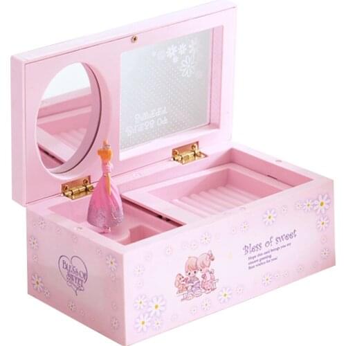 Music Box Rotating Jewelry Storage Case Rectangular Clear Musical Toy for Kids Girls Music Theme Music Box Pink Blue