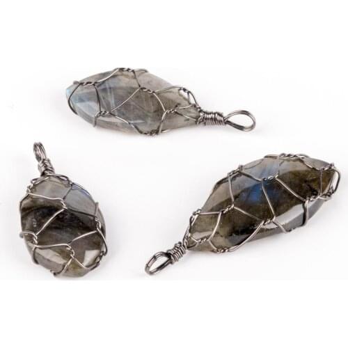 Creative Winding Natural stone Irregular Wrap hand-wound flat pendant jewelry making DIY necklace Labradorite accessories