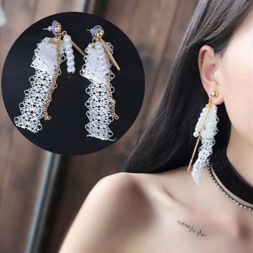 New Personality Wild Lace Earrings Sexy Simulated Pearl Tassel Long Earrings Beaded Metal Chain Earings Jewelry Gift