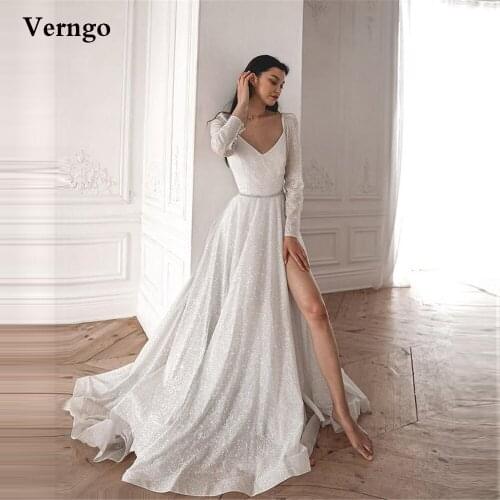 Verngo Glitter A Line Long Sleeves Wedding Dresses V Neck High Side Slit Sweep Train Bridal Gowns Women Formal Dress