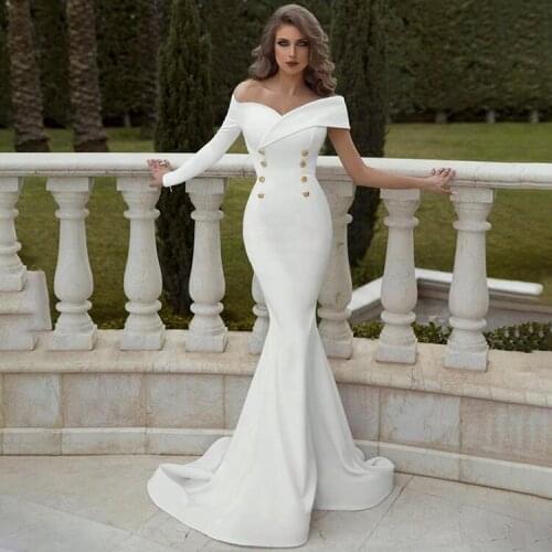 Sexy Simple Slim Satin Mermaid Wedding Dresses 2020 Off Shoulder One Long Sleeve Wedding Gowns Button Dress Bride