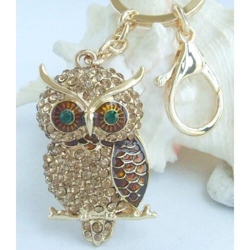 Unique Animal Bird Owl KeyChain Pendant Brown Rhinestone Crystal KPY03502C3