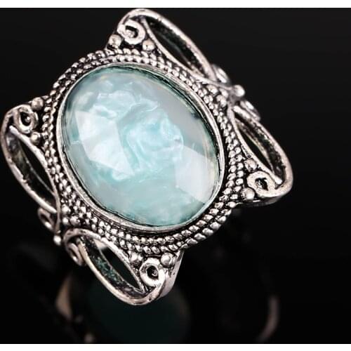Vintage Blue Moonstone Ring Oval Opal Anniversary Gift Personality Design Silver Color Rings for Women Jewerly Accessories