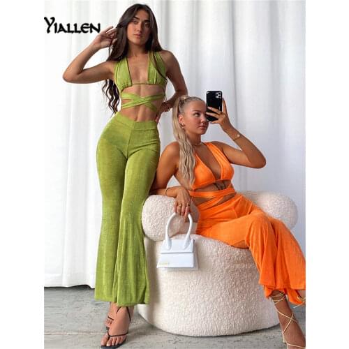 Yiallen Summer New Solid Knitting Slim Two Pieces Set Women Sexy Halter Sleeveless Crop Top And High Waist Flare Trousers Sets