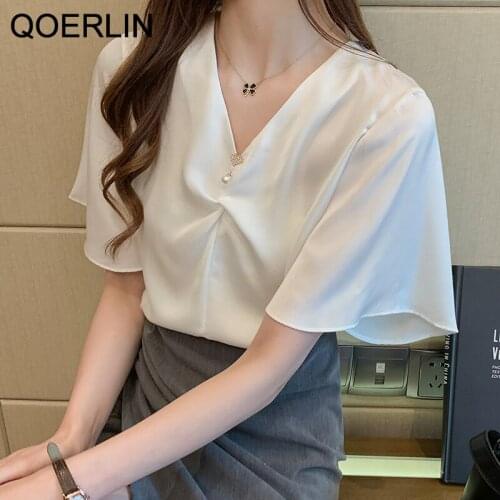 QOELRIN Beading V-Neck Chiffon Blouse Shirt Women Blouses Shor Sleeve White Blouse Tops Blouse Women Blusas Mujer De Moda Plus