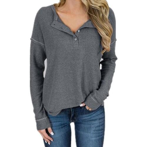 65% Dropshipping!!Women T-shirt Knitted V Neck Autumn Long Sleeve Buttons Top Streetwear Casual Loose utumn Basic Tops Clothing