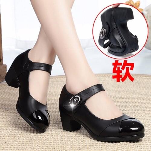 Women classic black pu leather office buckle strap square heel pumps lady fashion comfort shoes a6446c
