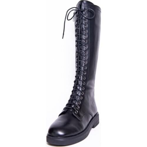 Leather Knee High Boots Women Autumn Winter Low Square Heel Ladies Cross Strap Shoes G283 Woman Lace Up Black Round Toe Boots