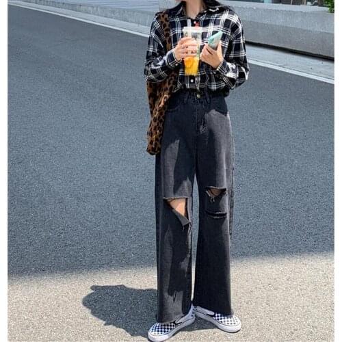 Woman Jeans Ripped High Waist Clothes Wide Leg Denim Clothing Black Streetwear Vintage 2021 Fashion Harajuku Straight Pants