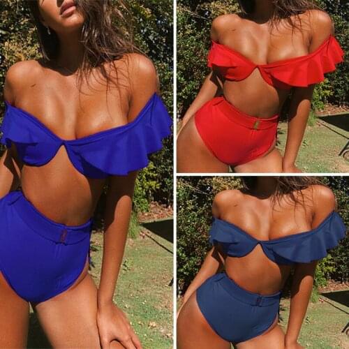 Women solid Bikini Set Ruffle Two Pieces Swimwear Push Up Padded Swimsuit Bandage Deep V-neck Sexy Bathing Suit