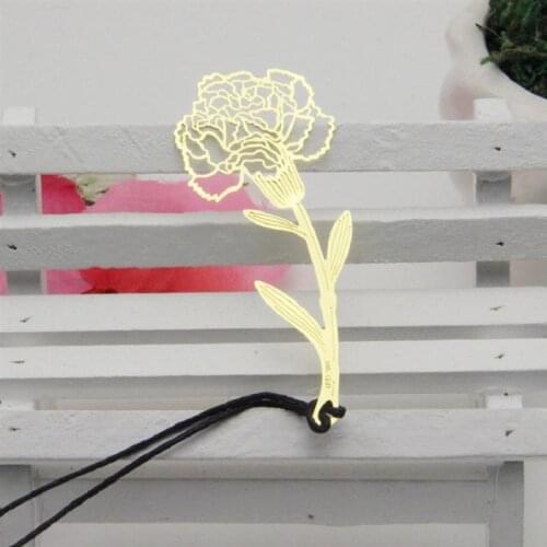 10Pcs Metal Bookmarker Hollow Carnation Shape Clip Pendant With String For Book Paper Stationery Office School Supplies (Golden)