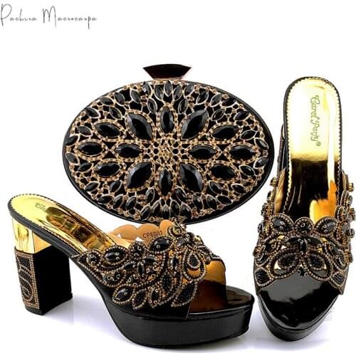2021 African New Arrival Italian Design Nerigan Fashion Crystal Style Ladies Shoes and Bag Set in Black Color for Party Wedding