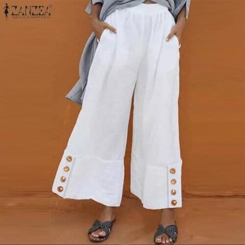 2021 Summer Wide Leg Pant Women ZANZEA Loose Trouser Casual Solid Elastic Waist Pants Lady Pockets Buttons Bottoms Oversize 5XL