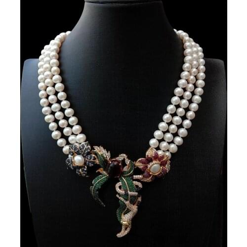 3 Strands Cultured White Pearl Cubic Zirconia Pave Pendant Statement Necklace 18"