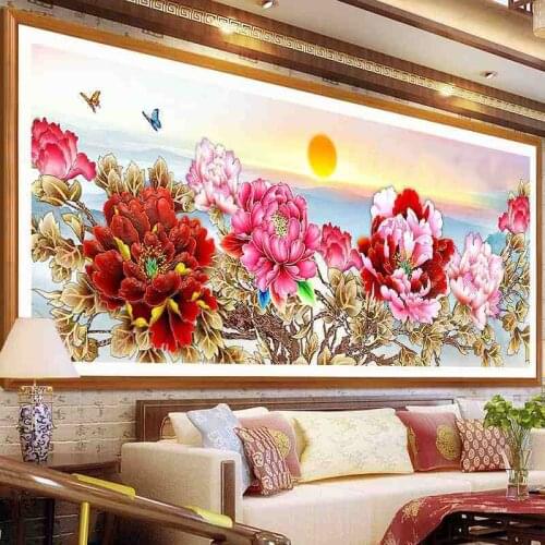 Large 5D DIY Diamond Painting Cross Stitch Peony flower, sunrise Full Square Resin Drill Diamond Embroidery Handmade Craft Y2606